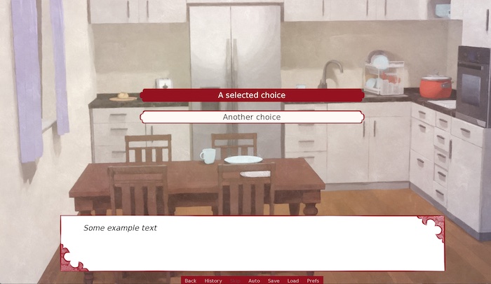 "Screenshot of a visual novel. UI is black and dark red on white"