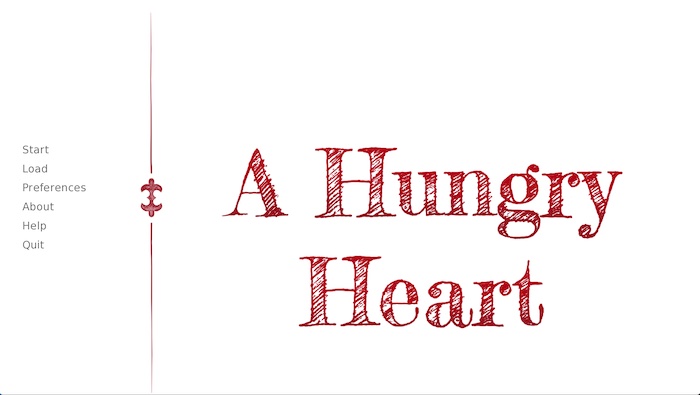 "Main menu screen for game A Hungry Heart, everything is black and dark red on white including the title text"