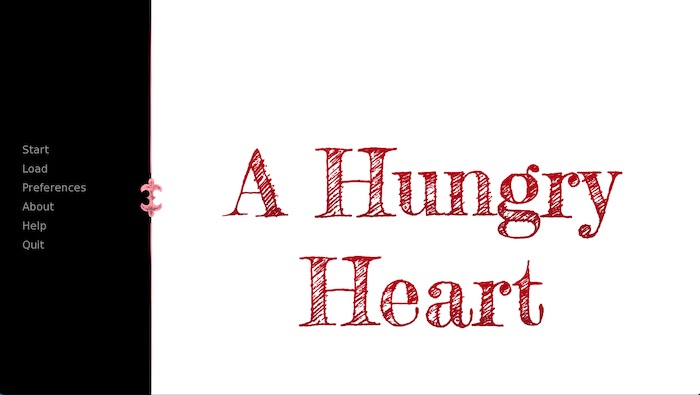 "Main menu screen for game A Hungry Heart, everything is pink and white on black except the title text, which is dark red on white"