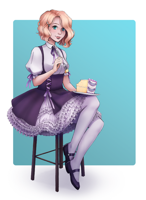 "Drawing of Arimia's character, Rimia, sitting on a tall wooden stool and eating large slice of cake, on a light blue background. Rimia is wearing a purple and white dress with many frills. She has wavy blonde hair."