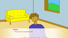 A character standing in a room with a yellow couch
