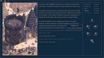 "A screenshot from the interactive fiction game Roadwarden. The image shows several paragraphs of text in the middle, with choices below. To the left is a pixel art image of a tower by a road. To the right are the characters stats as well as the options menu."