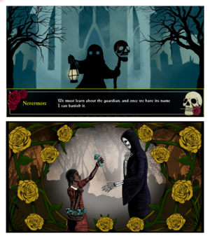Two images. The top shows a shadowy figure holding a staff with a skull on it. The background is monochromatic blue depicting an old building framed by black trees. The text box reads "We must learn about the guardian, once we have its name I can banish it." The second image on the bottom is drawn in heavy black lines and shows a young girl with dark skin wearing a red dress offering a pale blue mushroom to a skeleton wearing a black robe. The image is framed by a tangle of yellow roses and the background shows a shadowy graveyard in pale yellow and orange shades.