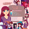 Stylesheet of Cherry with many reference images included. "Pick a VN, any VN!" Key Identifiers: Blue eyes, bright red hair (usually long), cherry accessories (with ribbon or hat). Affection: high. Backlog: full. Disaster: walking.