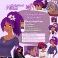 Stylesheet of Plum with many reference images included. "I hope you found that useful!" Key Identifiers: Hazel eyes, purple hair (with tight coils and kinks), flower accessories (plum or seasonal flower). Reliability: high. Flammability: 0%. Patience: tried and tested.