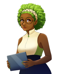 "Kiwi, a fruit girl in similar style to the other four. She has medium dark skin, a bright green afro held back with a white headband, and is holding what appears to be an electronic tablet. She's wearing a light beige sleeveless top with a kiwi zipper charm, and a dark skirt - though the art shows the area from her hips upwards only."